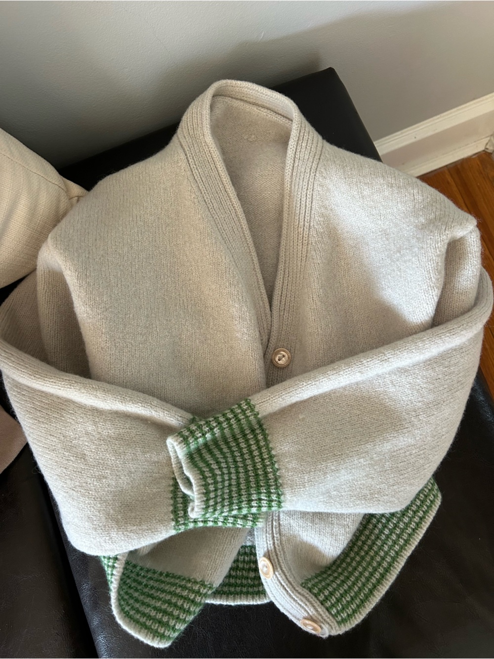 Cream Cardigan Sweater with Green Trim